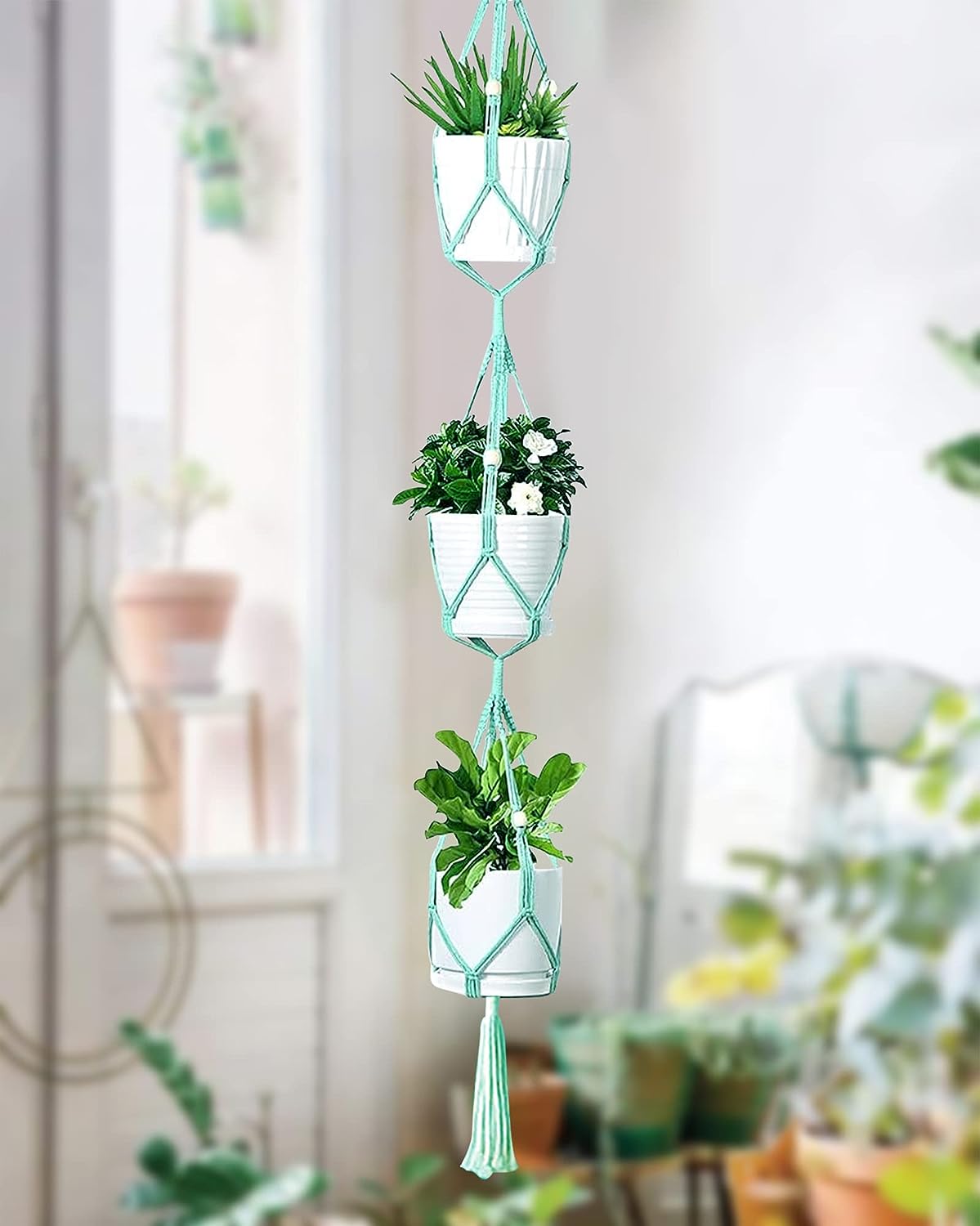 Mini Pot Garden™ Macrame Hanging Planter Set | 3 Tier Rope Plant Holder | Indoor Outdoor Décor